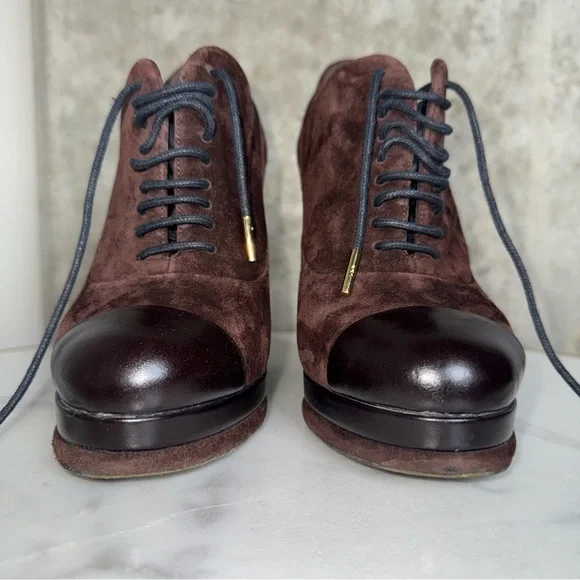 Chanel Brown Suede Leather Platform Lace Up Block Heeled Oxford Boot - Picture 12 of 17